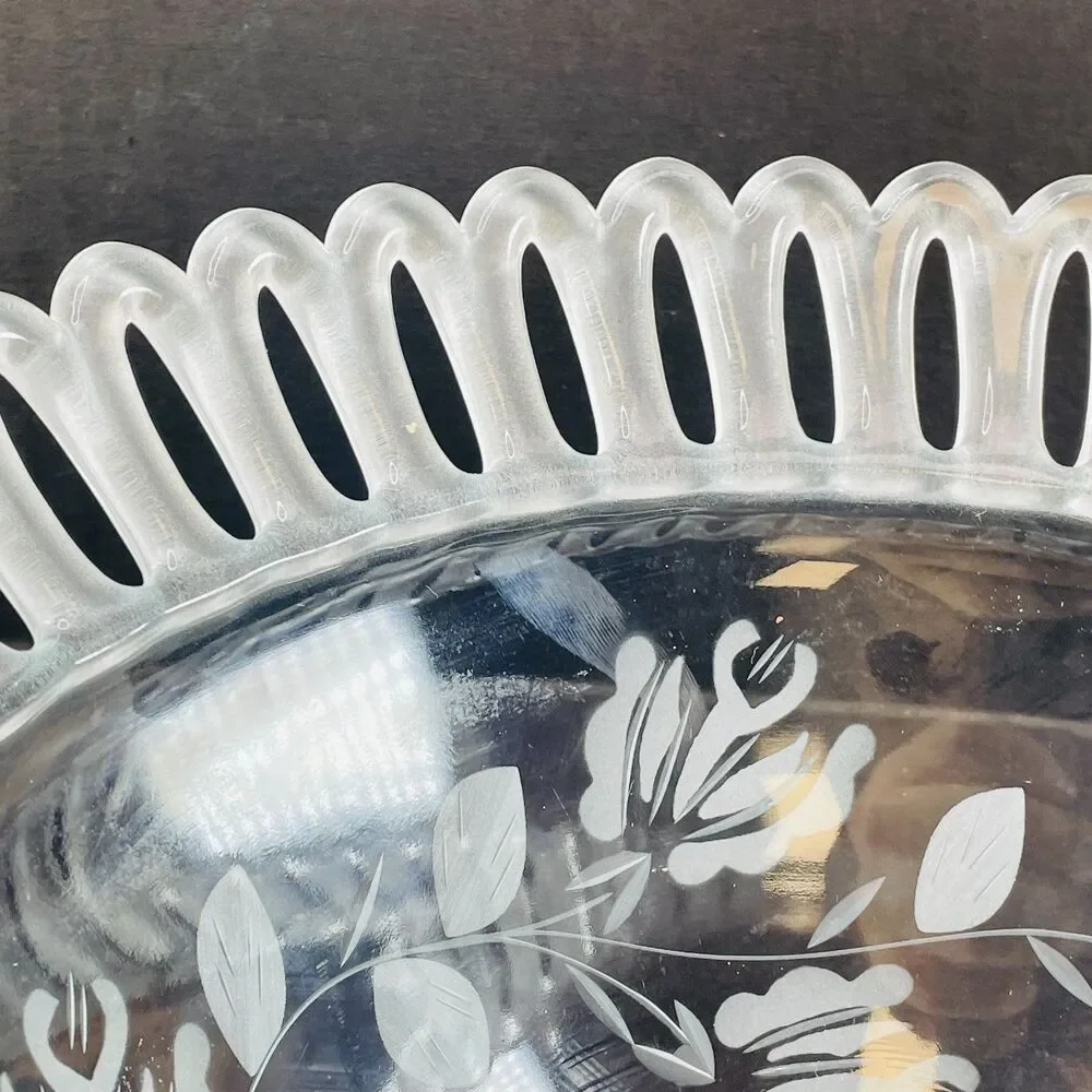 Vintage Clear Glass Frosted Laced Edge Fruit Bowl 10